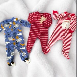Carter's Blue and Red Winter/Holiday Print Footie Pajamas  Set of 3